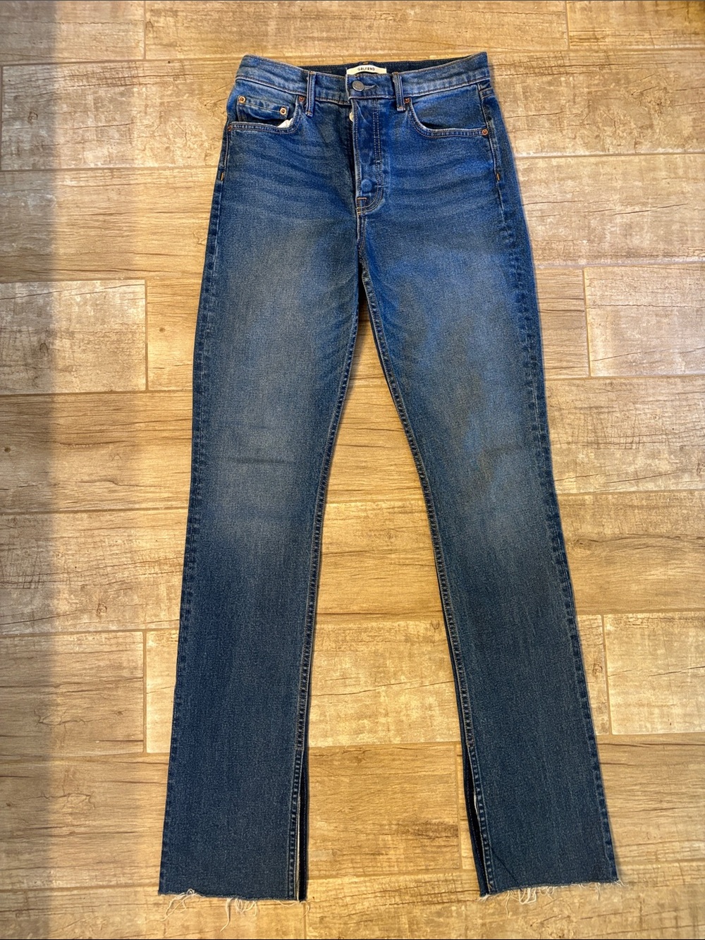 GRLFRND Addison High Rise Classic Straight-Leg Blue Jeans with Slit Hem